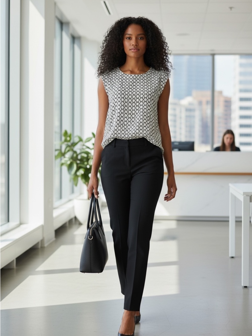 Pleione Black & White Cap Sleeve Geometric Print Top | M
